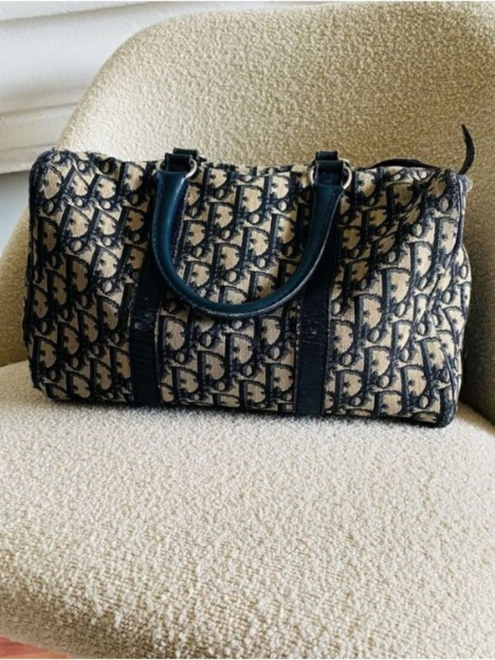 Dior Black and Beige Oblique Jacquard Satchel